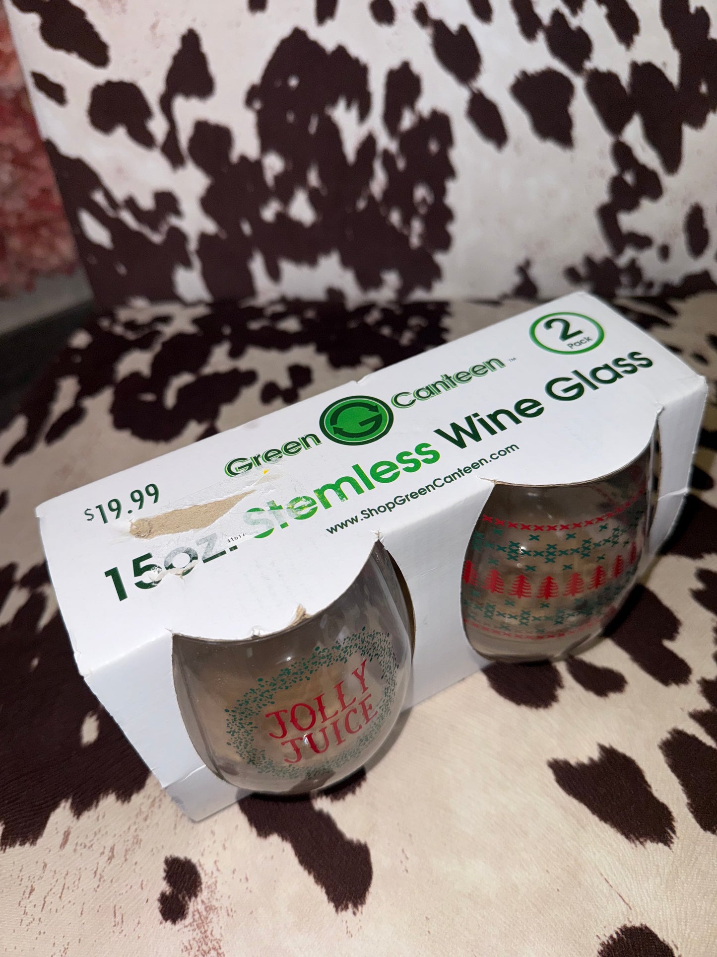 Green Canteen (15oz) Brand New Christmas Jolly Juice 2 Stemless Wine Glasses