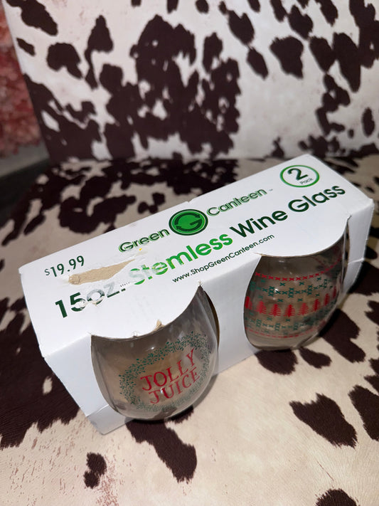 Green Canteen (15oz) Brand New Christmas Jolly Juice 2 Stemless Wine Glasses