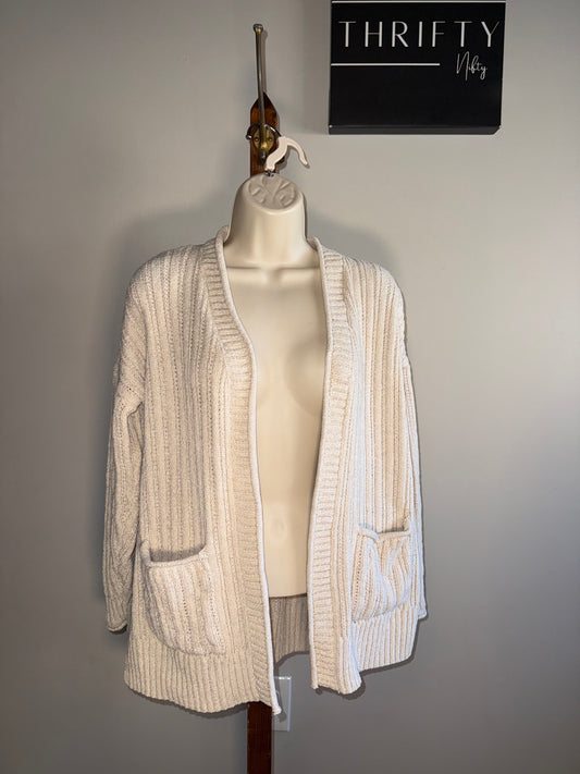 Pink Rose (Large) Cream Knit Sweater Cardigan with Pockets