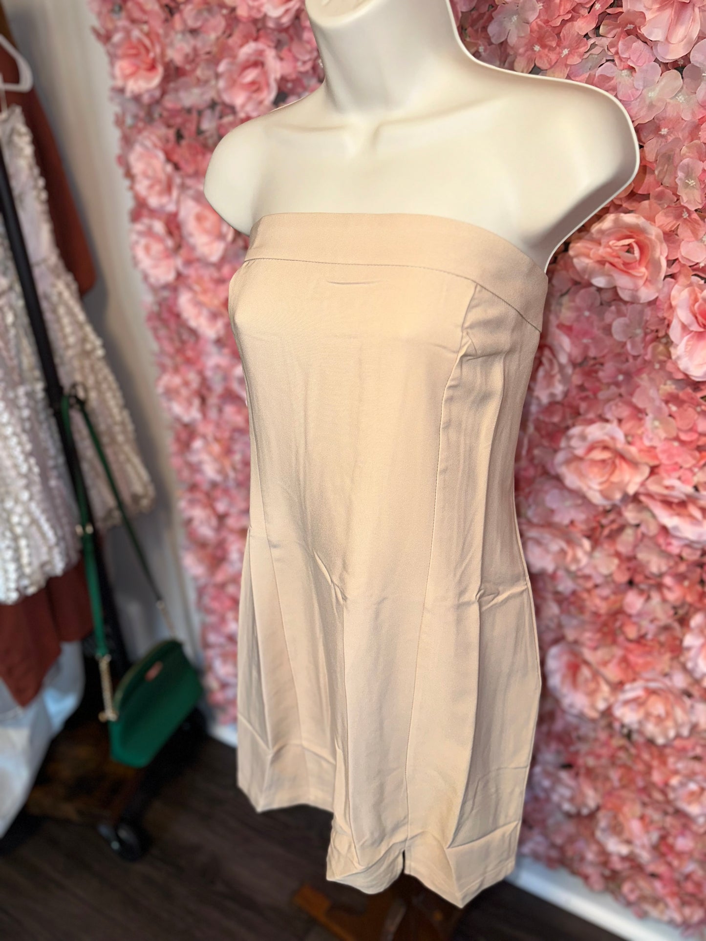 (Medium) Brand New Tan Strapless Midi Dress