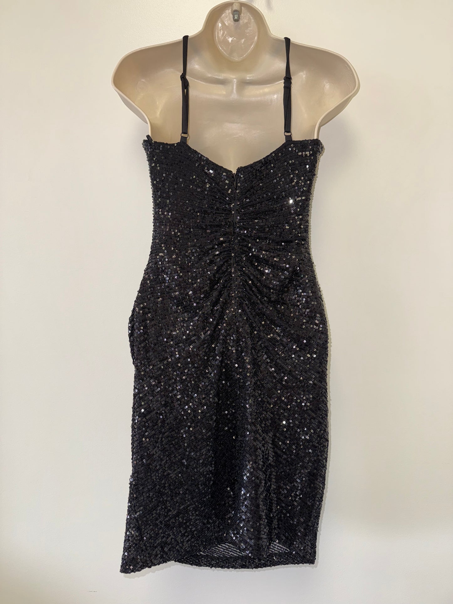 Morgan & Co (3) Black Sequin Form Fitting Midi Dress with Cowl Neck