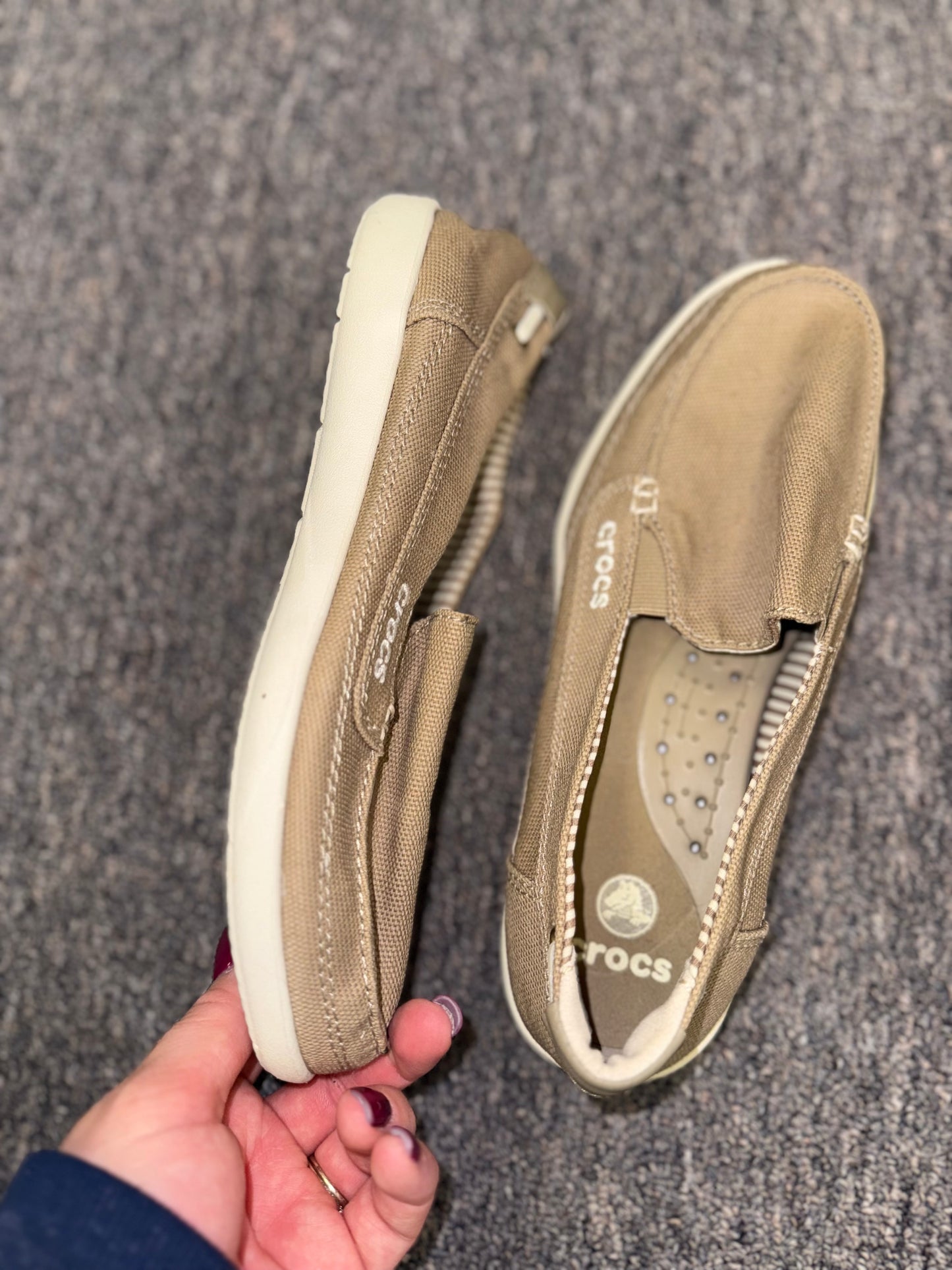 Crocs (Women's 7) Neutral Walu Khaki Canvas Boat Shoes