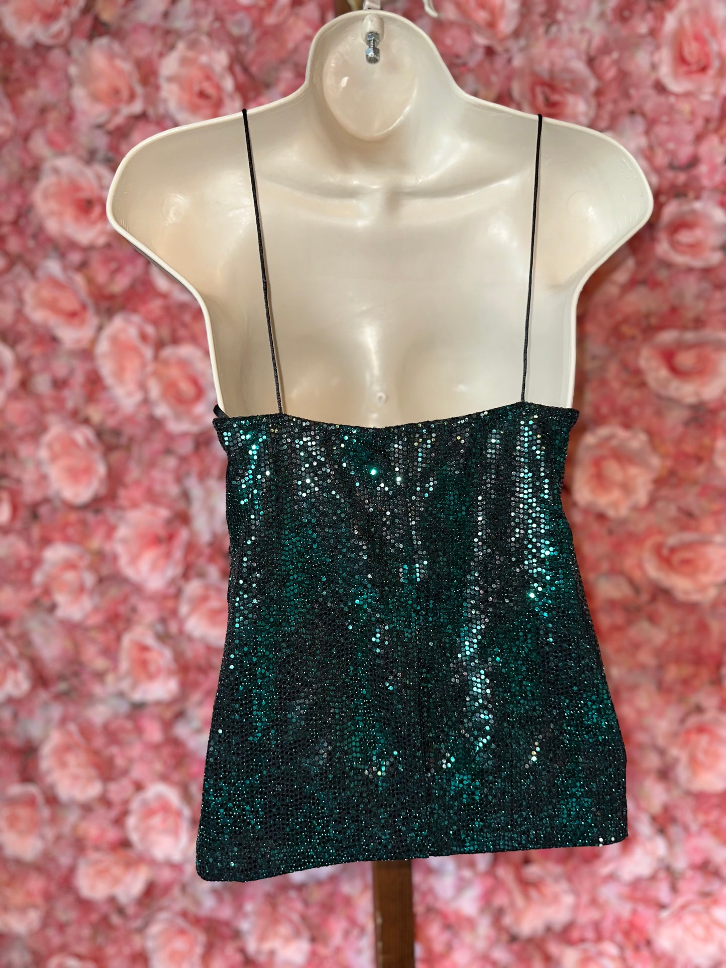 Zara (Small) Green Sparkle Sequin Lace V-Neck Tank Top