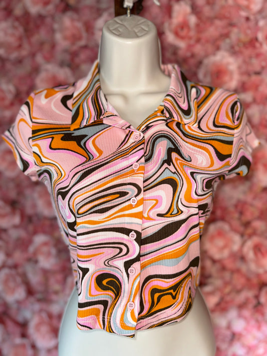Just Polly (Small) Pink/Brown Swirl Pattern Button Up Crop Top