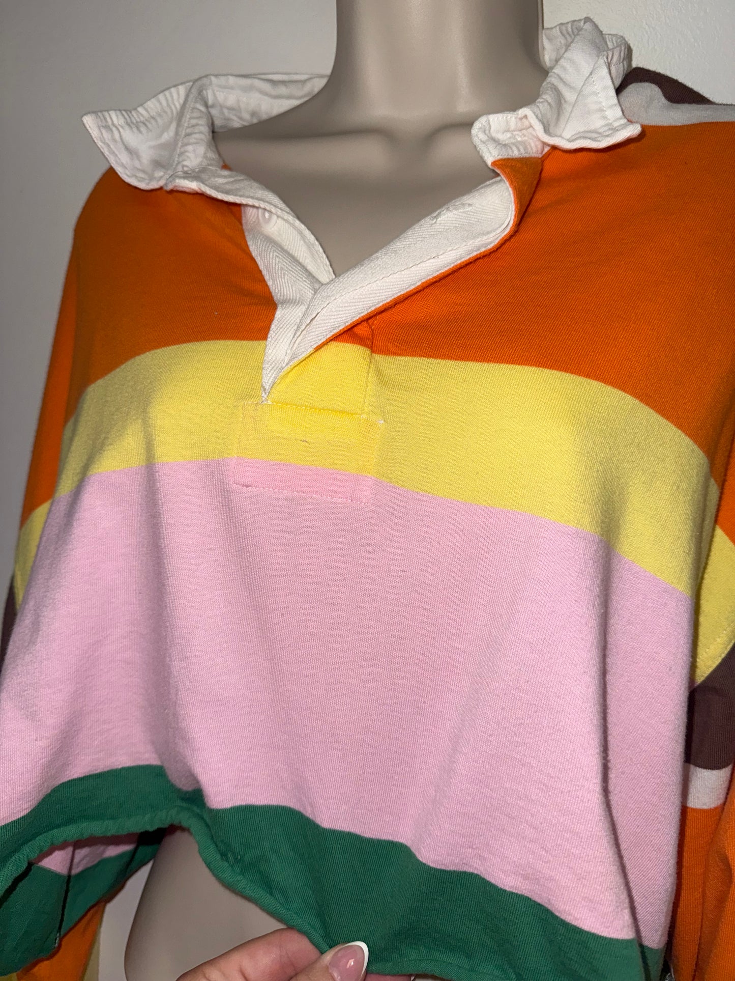 BDG (Large) Colorful Striped Cropped 3/4 Button Up Collared Long Sleeve Top