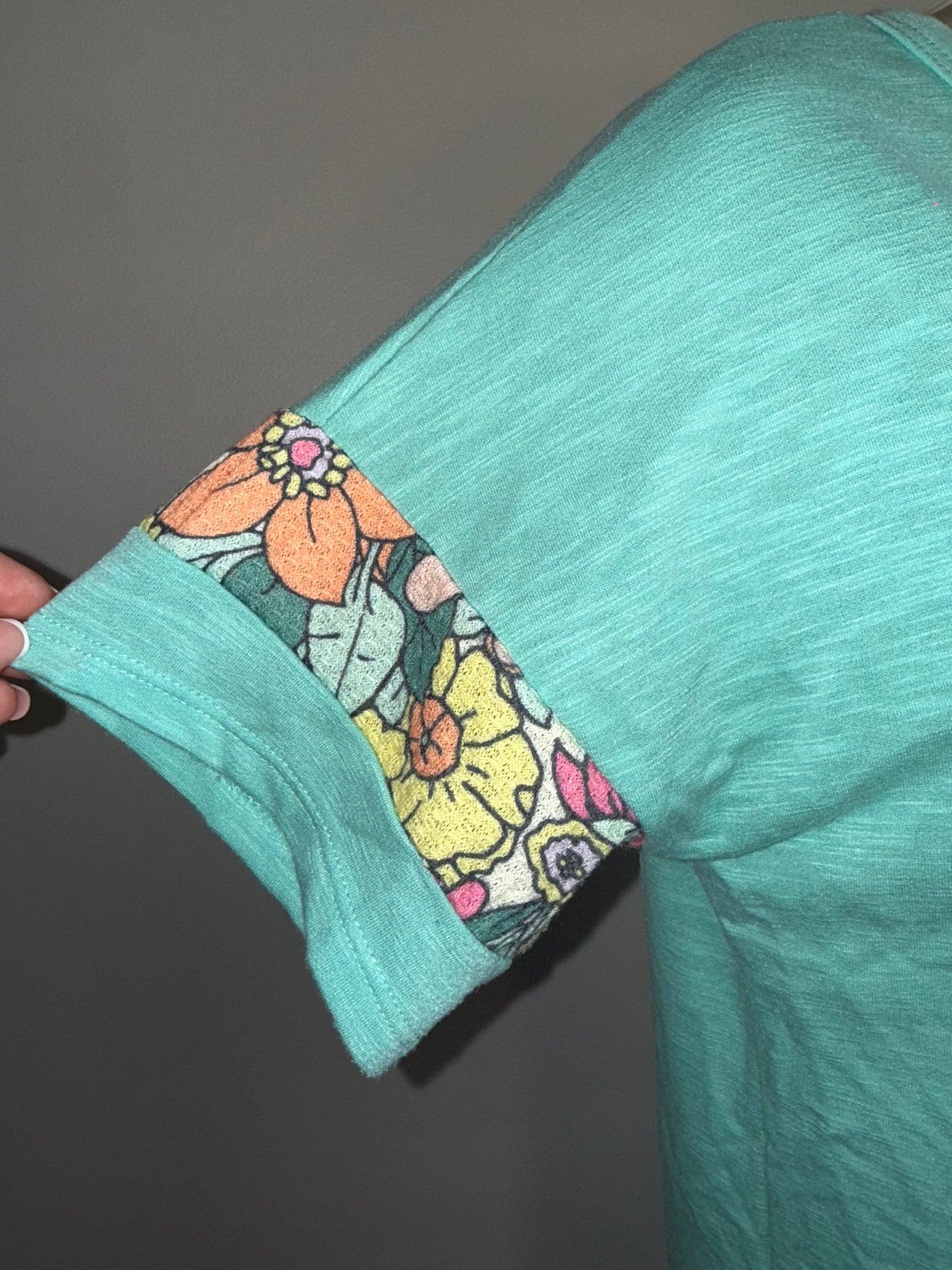 BiBi (Large) Blue Short Sleeve Tee with Floral Pattern Pocket