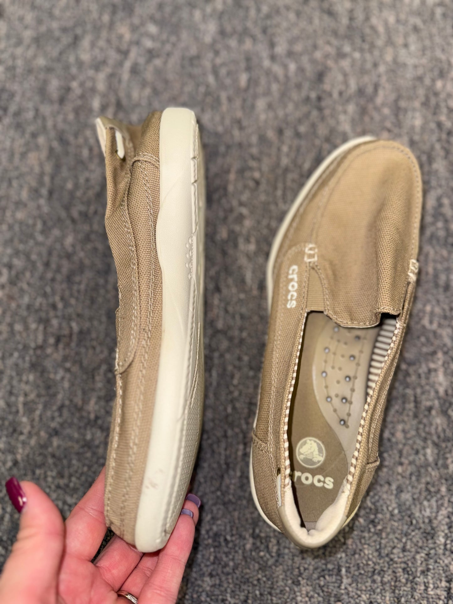 Crocs (Women's 7) Neutral Walu Khaki Canvas Boat Shoes