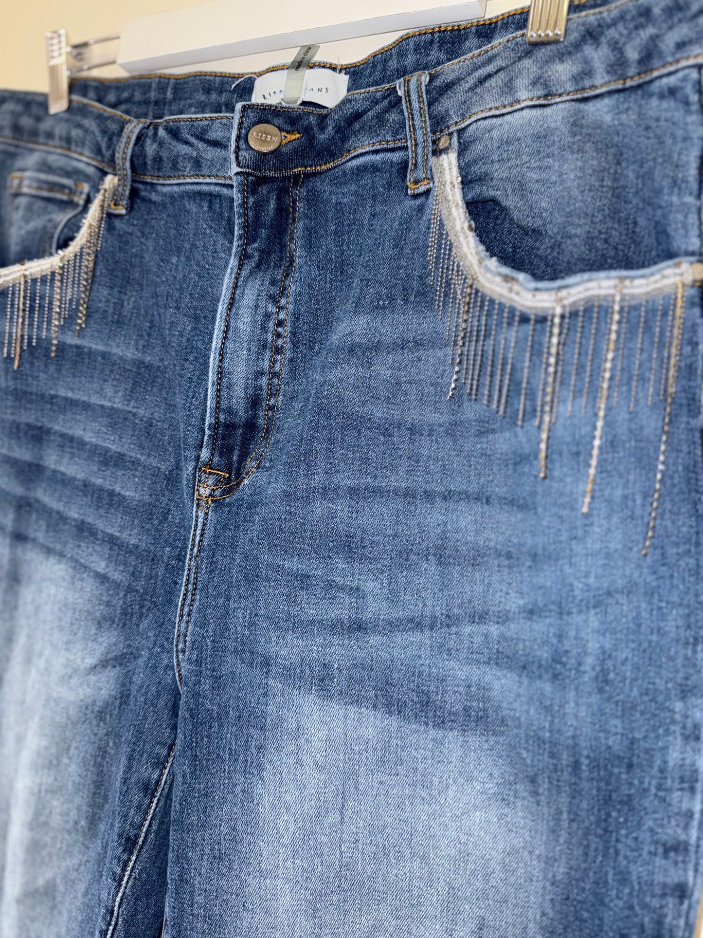 Risen Jeans (2XL) Blue Distressed Straight Leg Denim Jeans with Jeweled Pockets