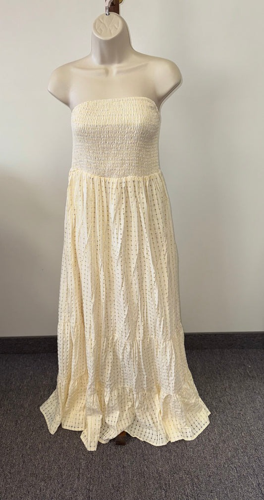 (0XL) Yellow Strapless Flowy Maxi Dress