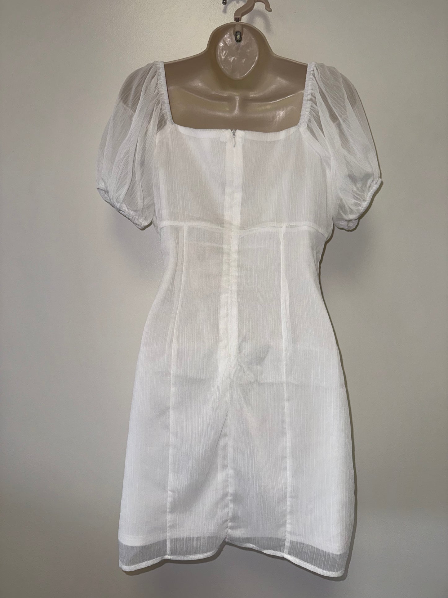 Altar'd State (Small) White Sheer Puff Sleeve Square Neck Midi Dress