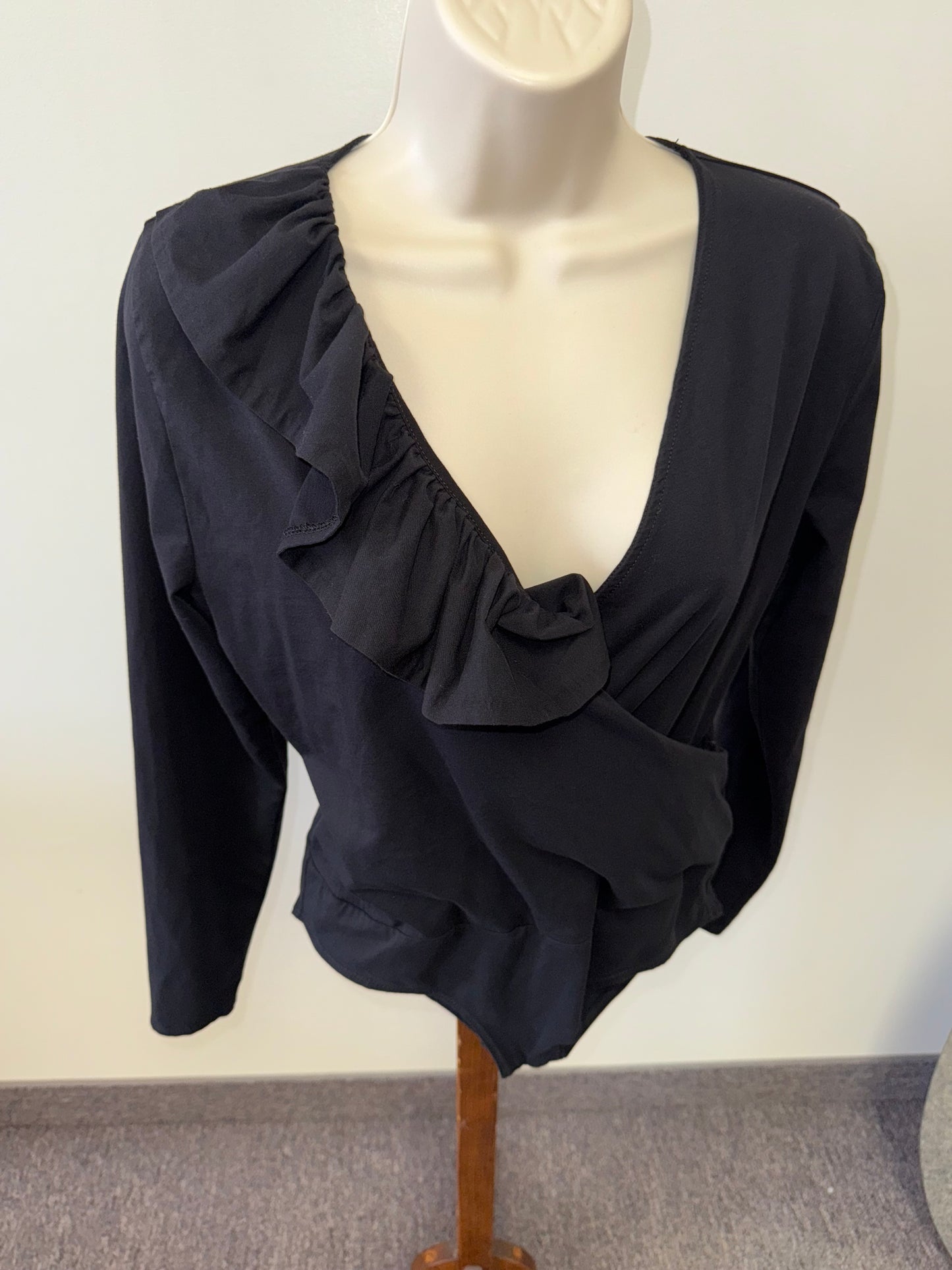 J. Crew (Medium) Black Long Sleeve Bodysuit with Cross Over Ruffle Front