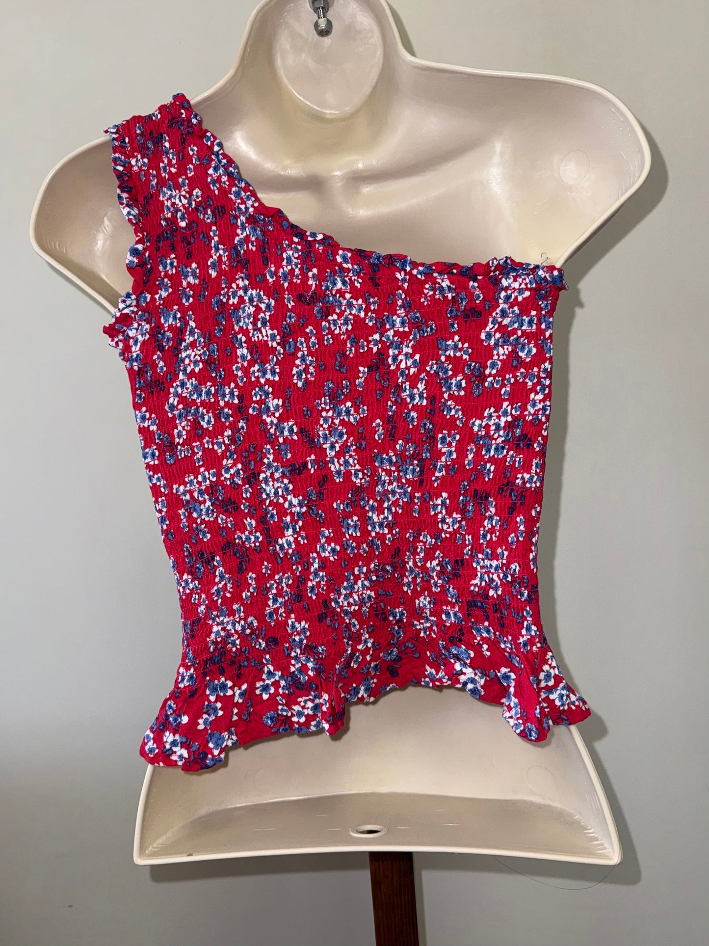 Japna (Small) Red Scrunched One Shoulder Floral Crop Top