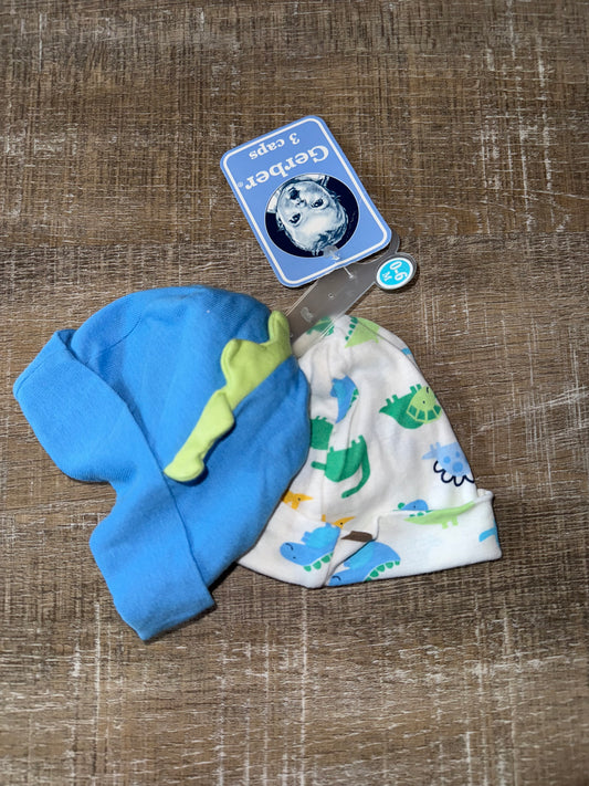 NWT Gerber (0-6 Months) Brand New Pack of 2 Dinosaur Themed Pattern Hats