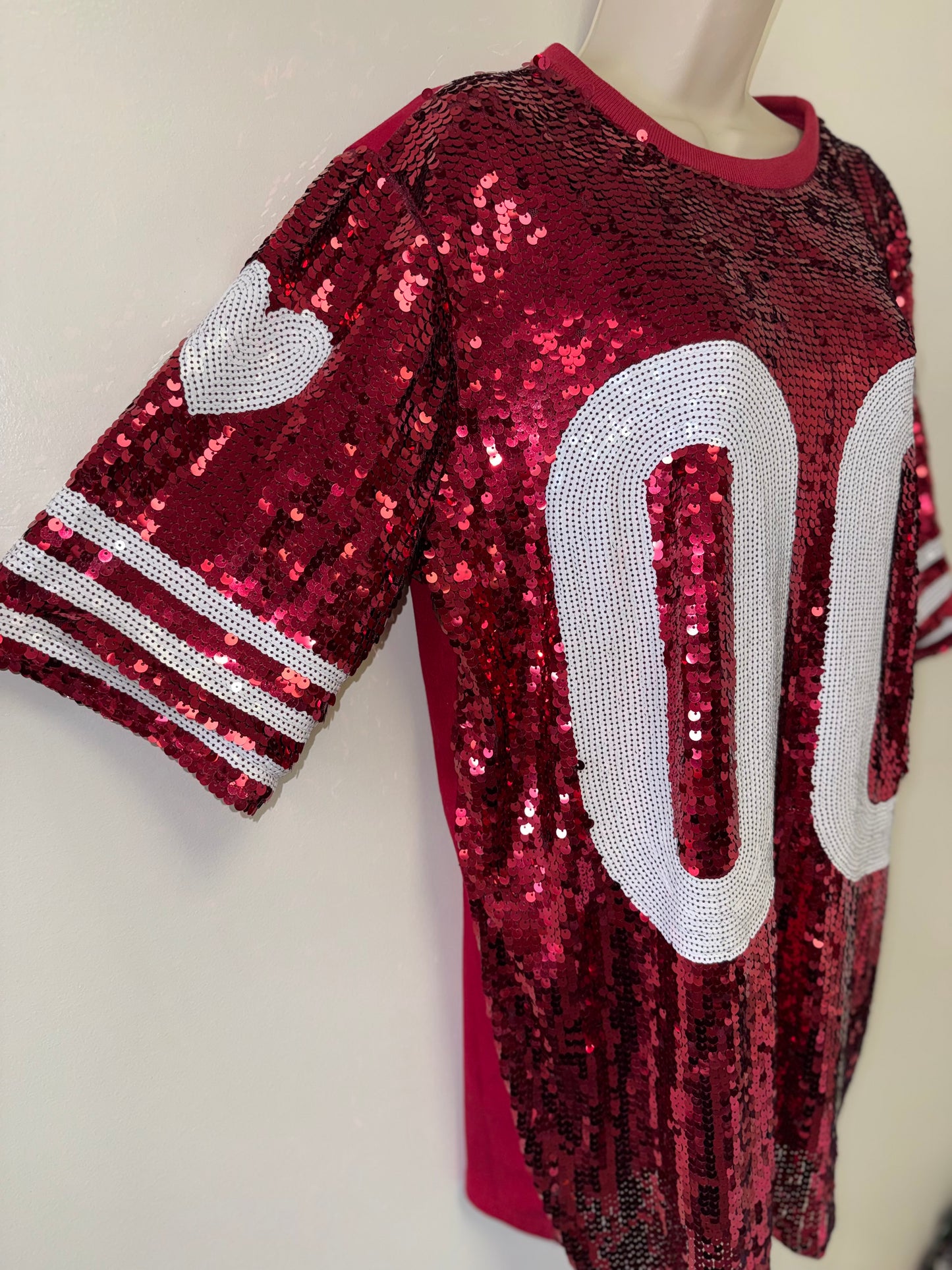 WHY Dress (OS) Red & White Short Sleeve Sequin '00' Football Jersey Dress