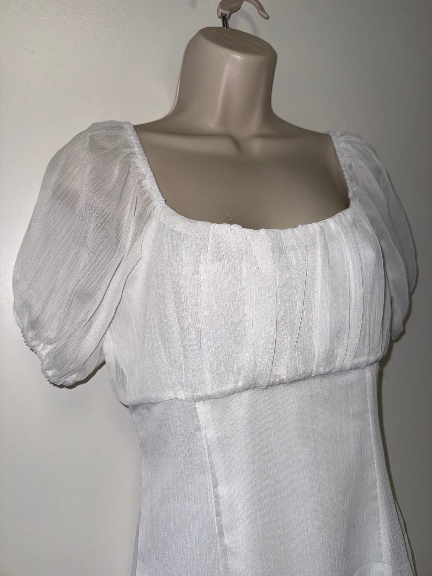 Altar'd State (Small) White Sheer Puff Sleeve Square Neck Midi Dress