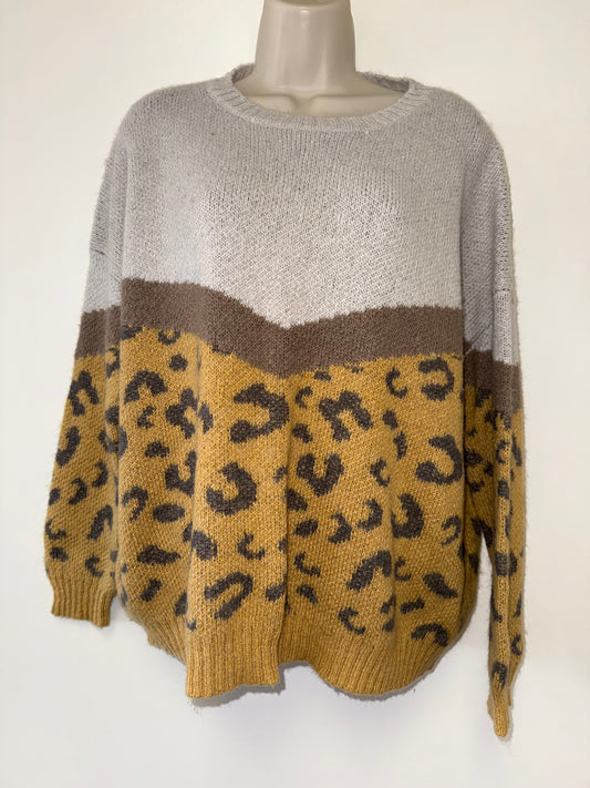 Easel (Medium) Neutral Colorblock Cheetah Print Soft Knit Sweater