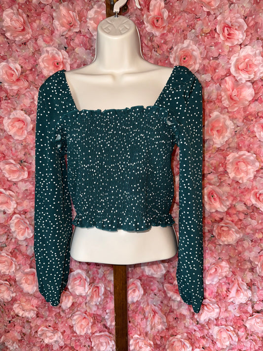 SHEIN (Large) Green and White Pattern Stretchy Cropped Blouse