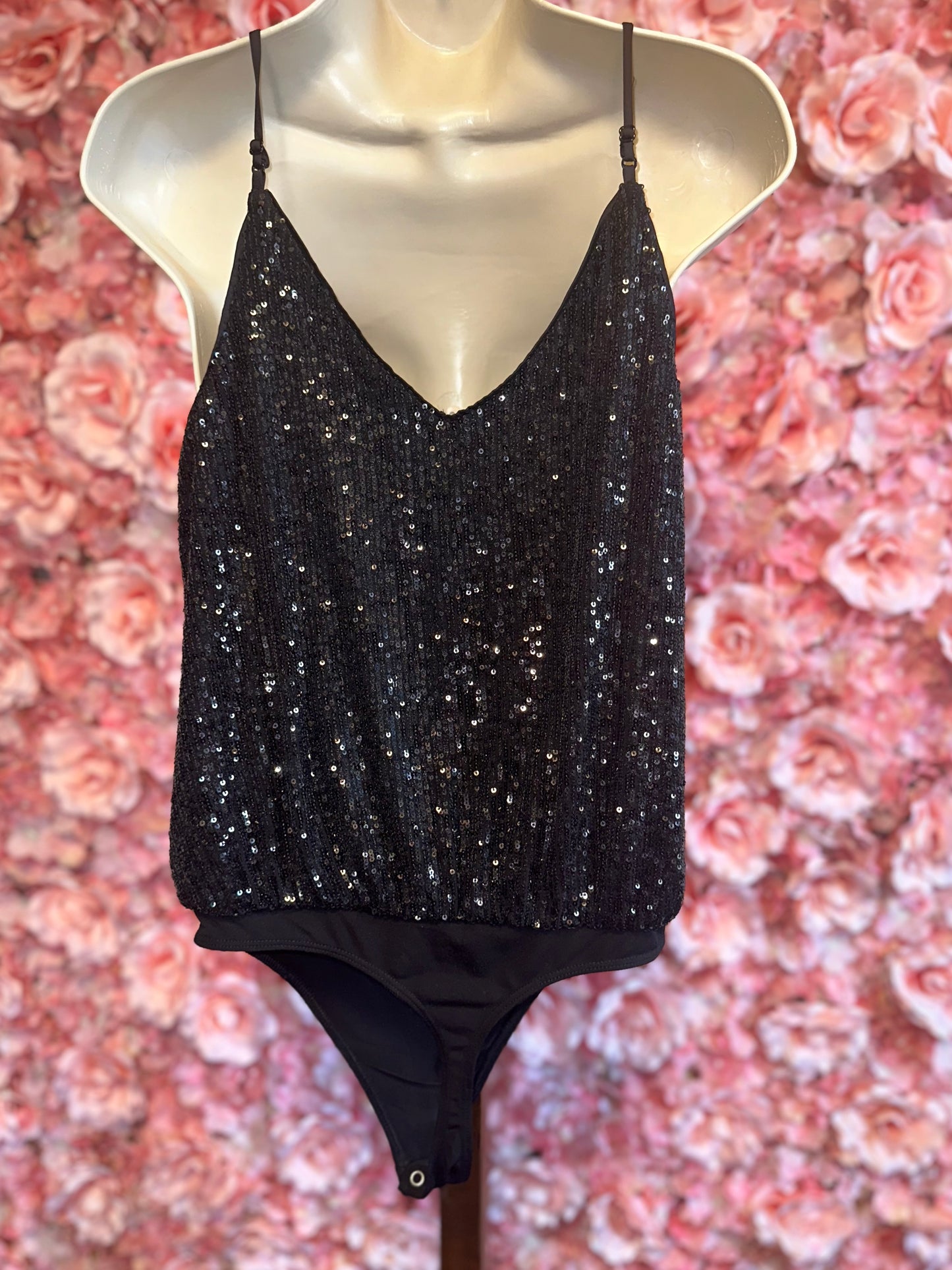 Express (Express) Black Sequin V-Neck Bodysuit with Adjustable Spaghetti Straps