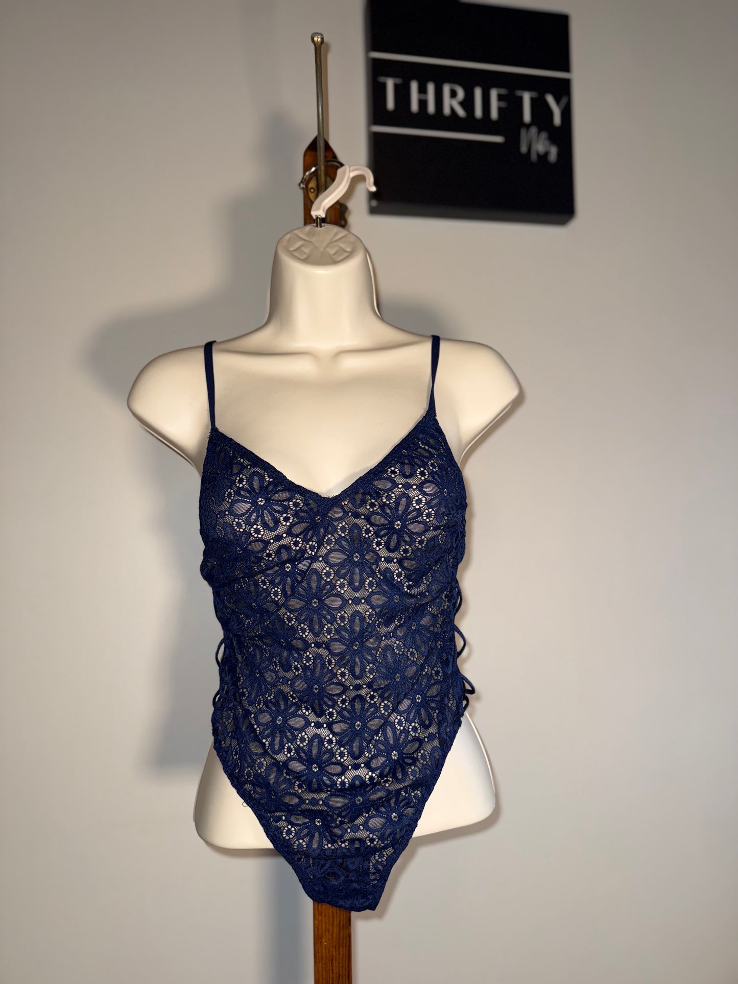 NWT Victoria's Secret (Small) Brand New Blue Floral Lace Thong Bodysuit Lingerie