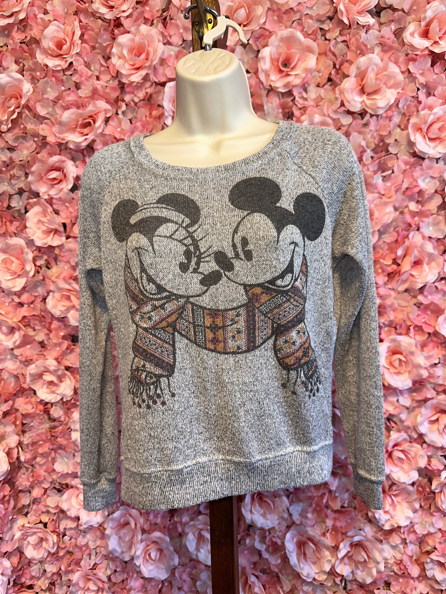 Disney Parks (XS) Mickey & Minnie Winter Grey Knit Crewneck