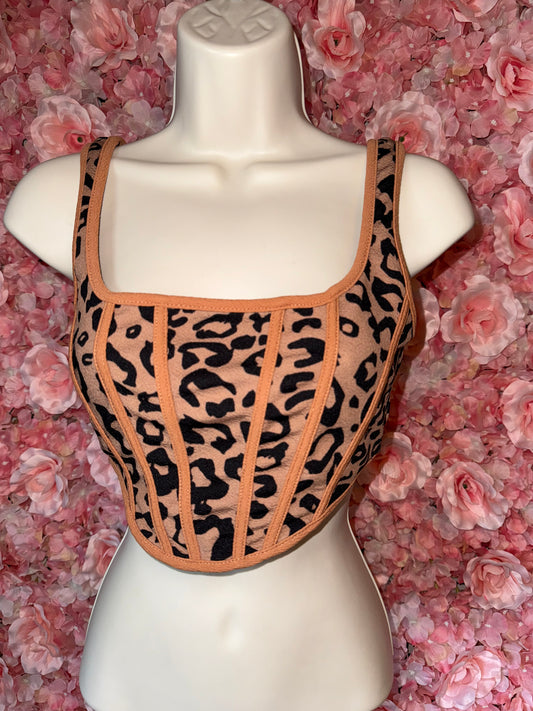 SHEIN (XS) Neutral Cheetah Print Corset Crop Top with Zipped Back