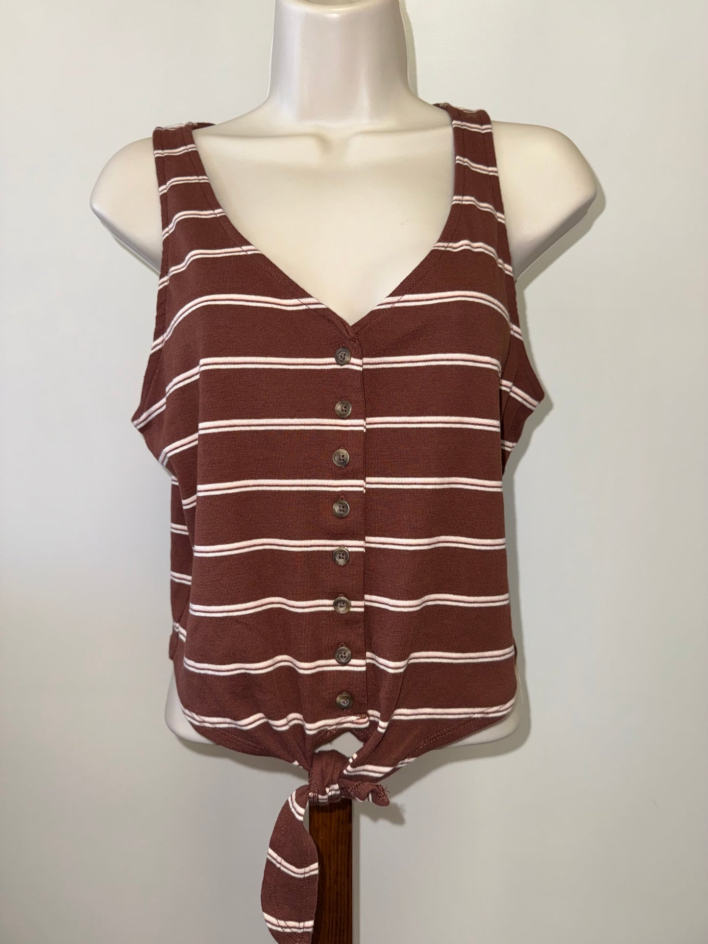 American Eagle (Medium) Brown/White Striped Button Up Tank Top with Tied Hem