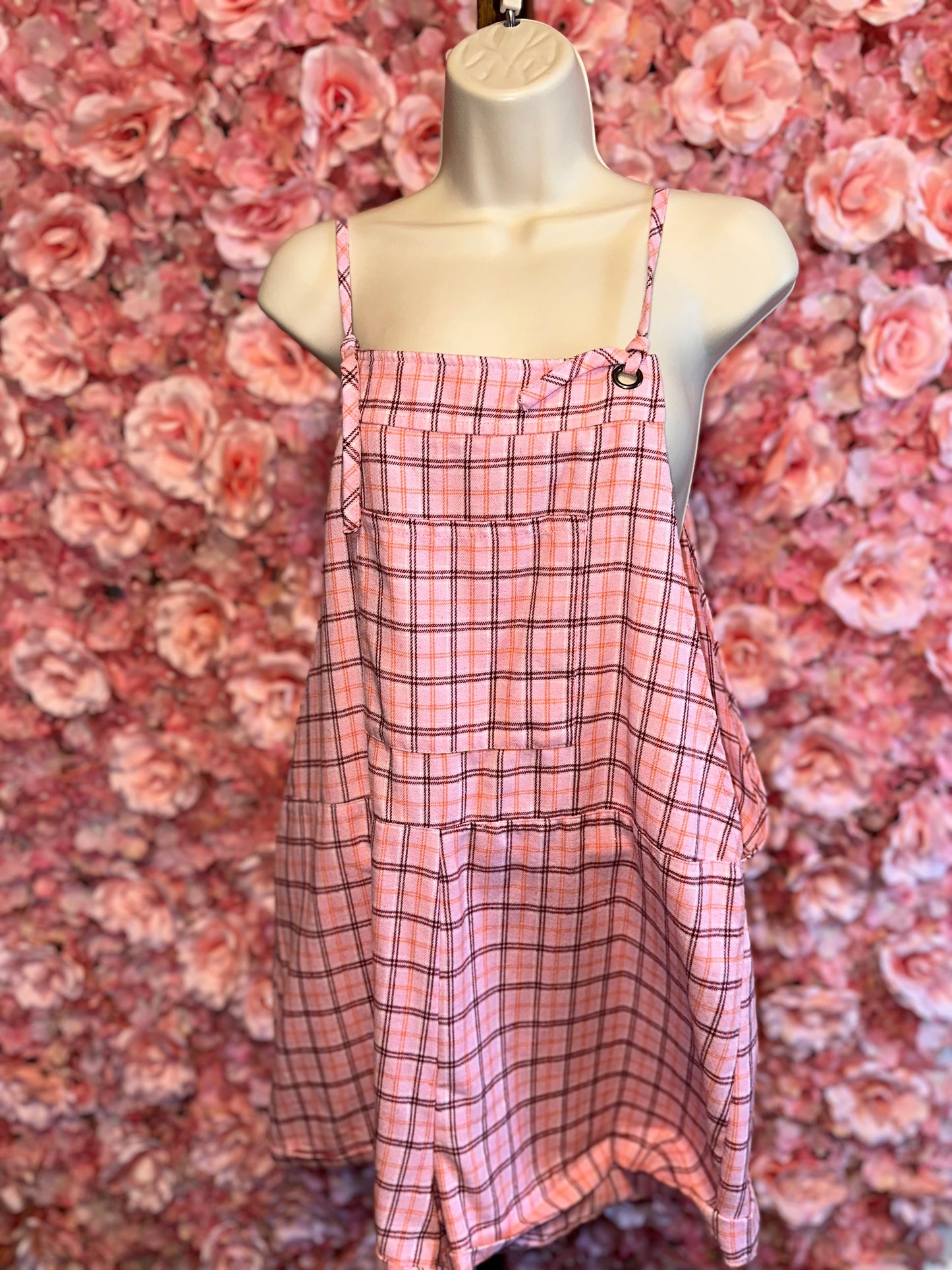 SHEIN (XL) Pink Plaid Overall Shorts