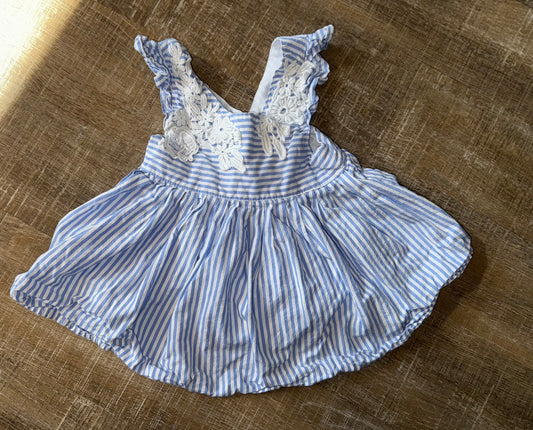 Tahari (2T) Blue & White Striped Dress with Embroidered Neck & Ruffle Sleeves