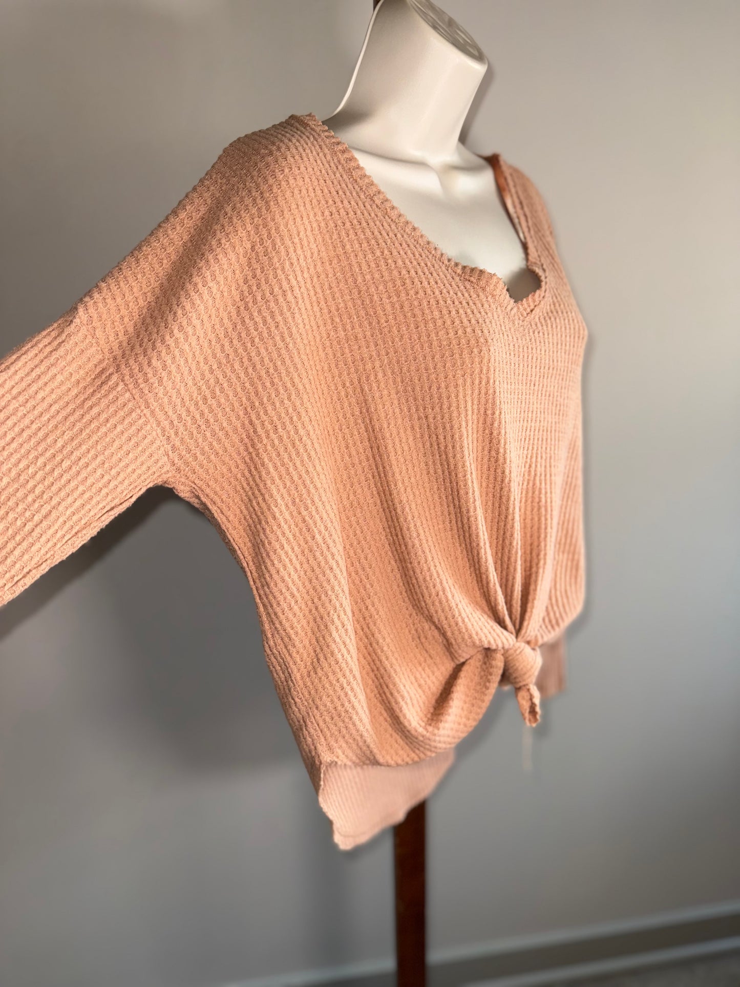 Wild Fable (Small) Tan V-Neck Waffle Knit Long Sleeve Top
