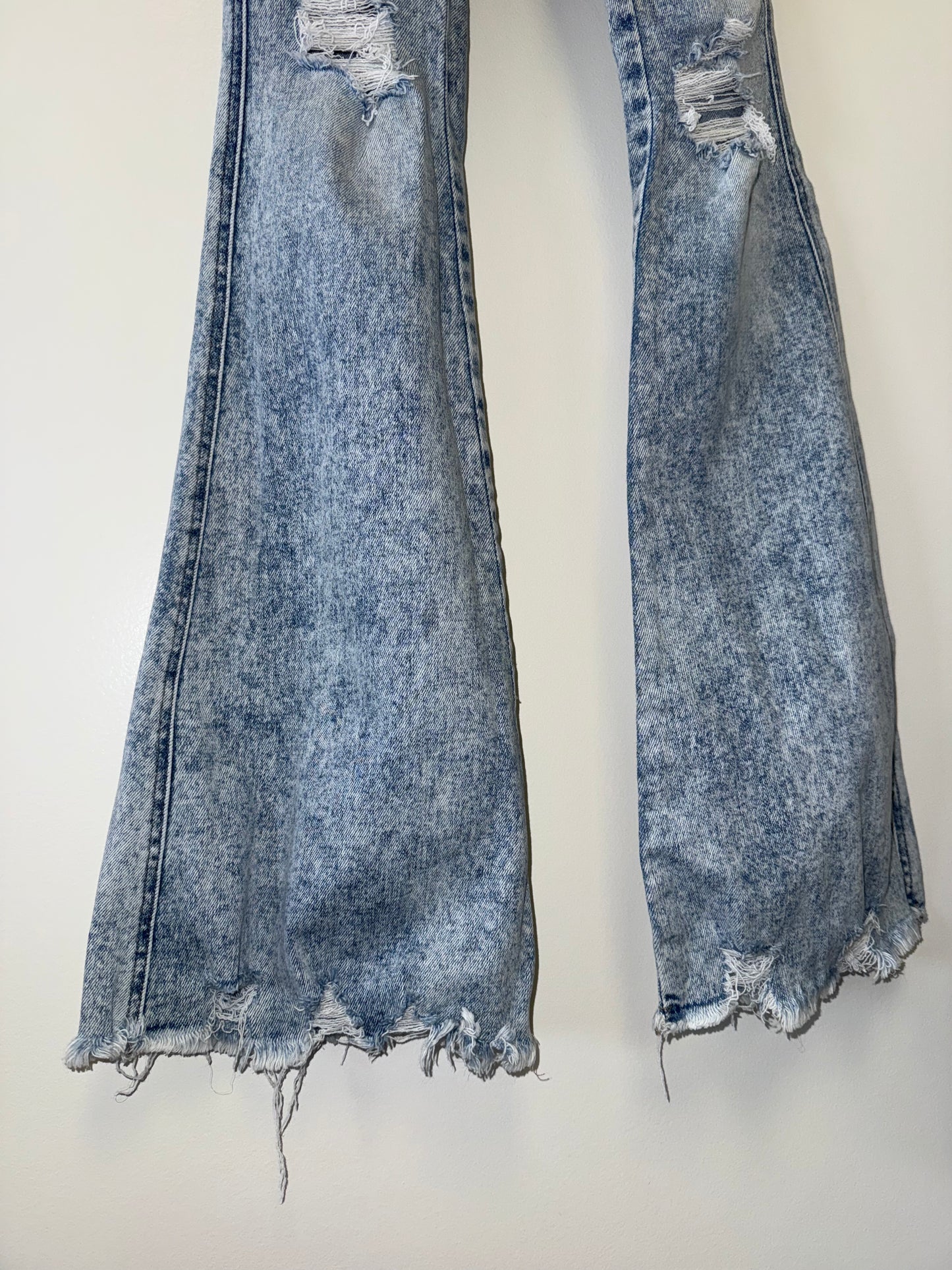 Flying Monkey (24) Distressed High Rise Flare Washed Blue Denim Jeans