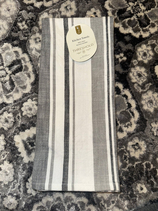 Threshold Brand New Grey & White Striped Kitchen Hand Towels