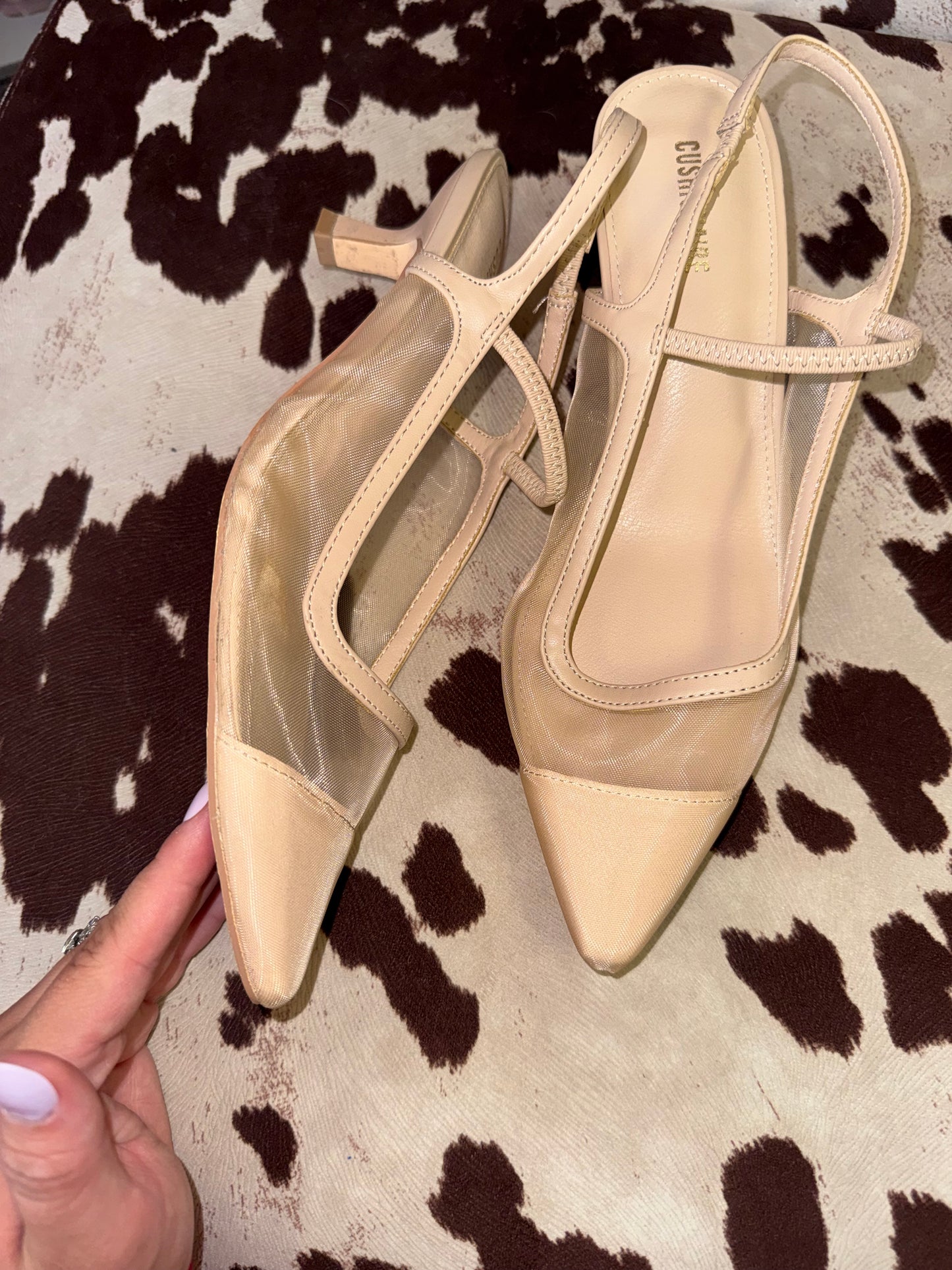 Cushionaire (8W) Nude Pointed Toe Mesh Slingback Kitten Heels