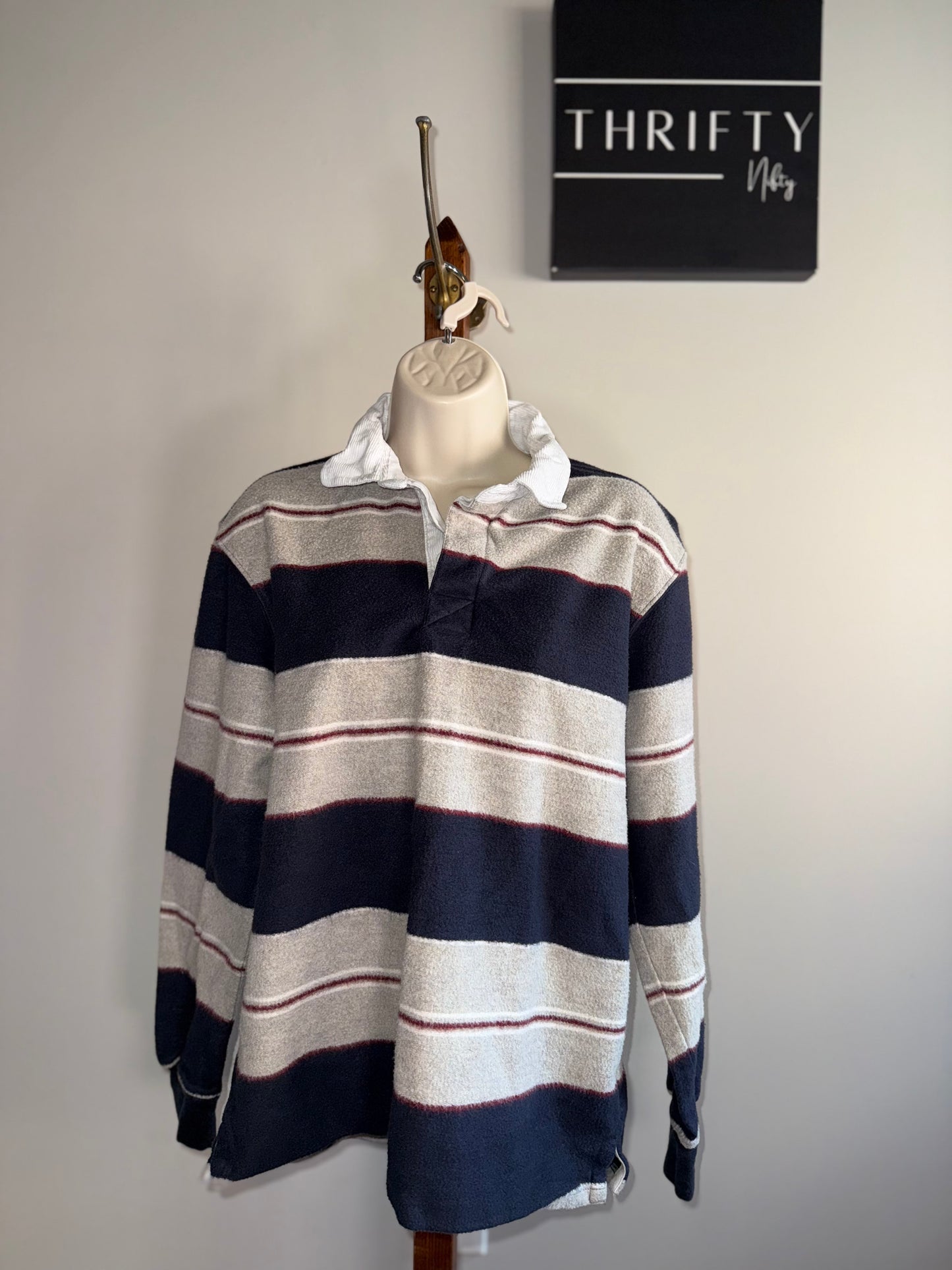 Old Navy (Small) Neutral Striped 3/4 Button Up with Corduroy Collar Quarter