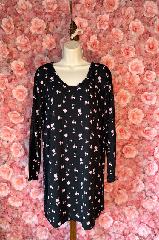 Victoria's Secret (XS) Black Long Sleeve Floral Sleepwear Dress with Sheer Lace