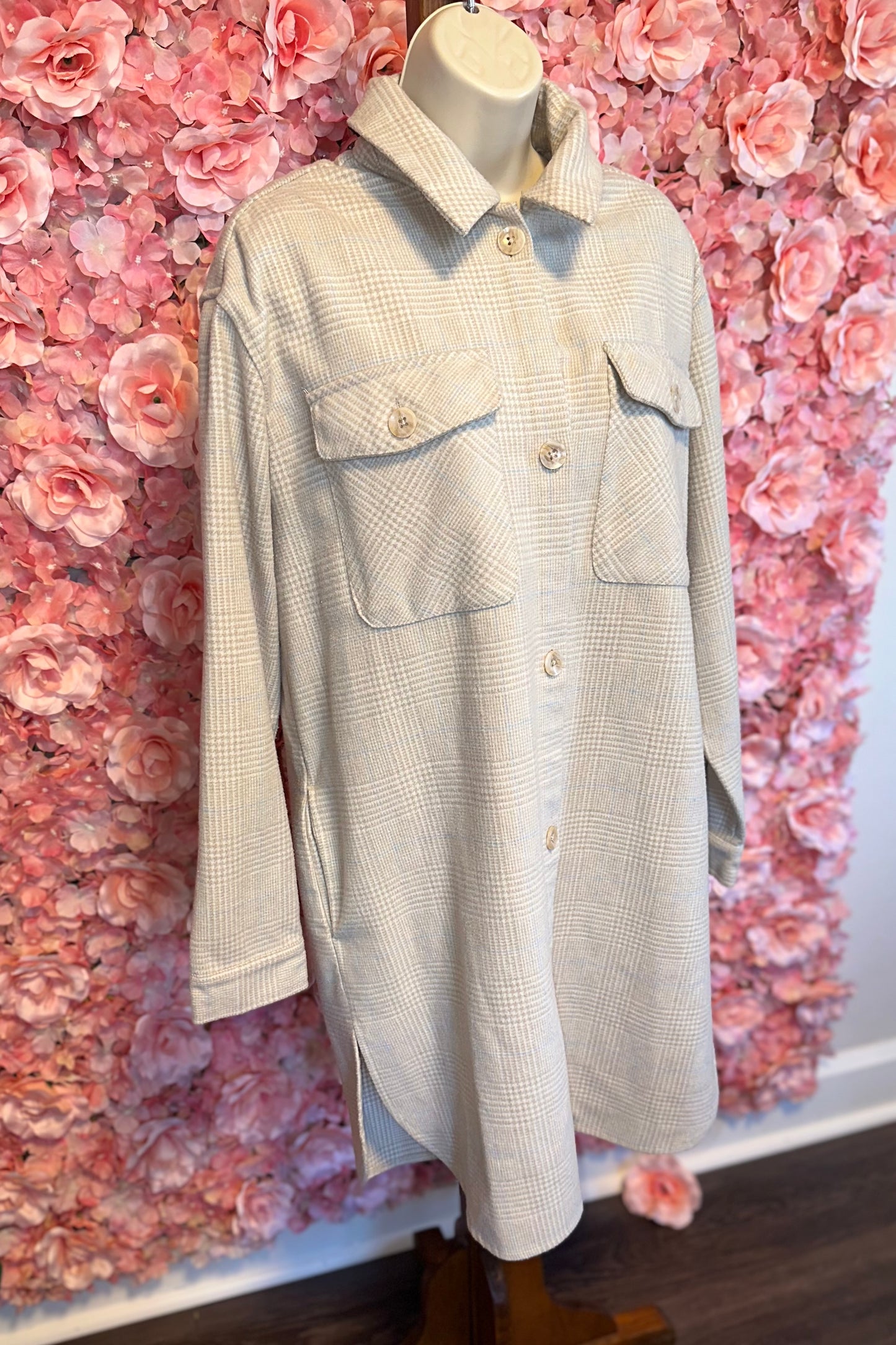 C By One (XL) Neutral Plaid Button Up Wool Trench Coat