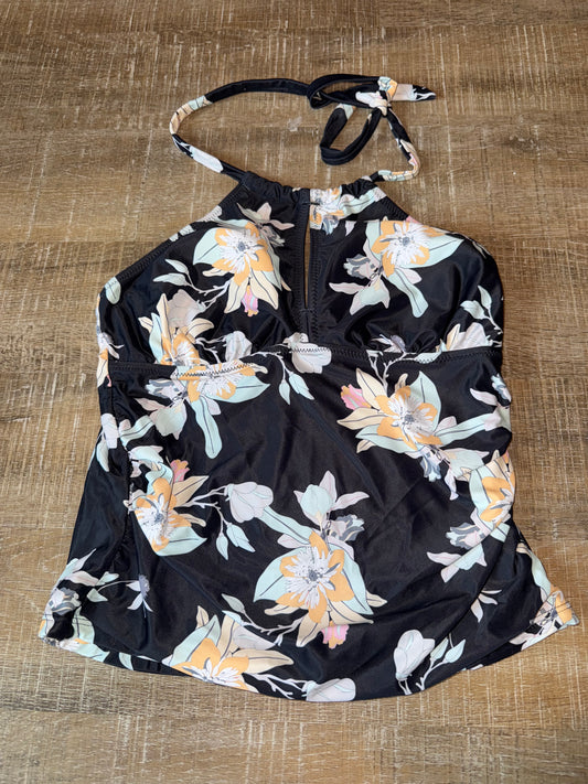 (Small) Black Tankini Swim Top with Floral Pattern & Scrunched Sides