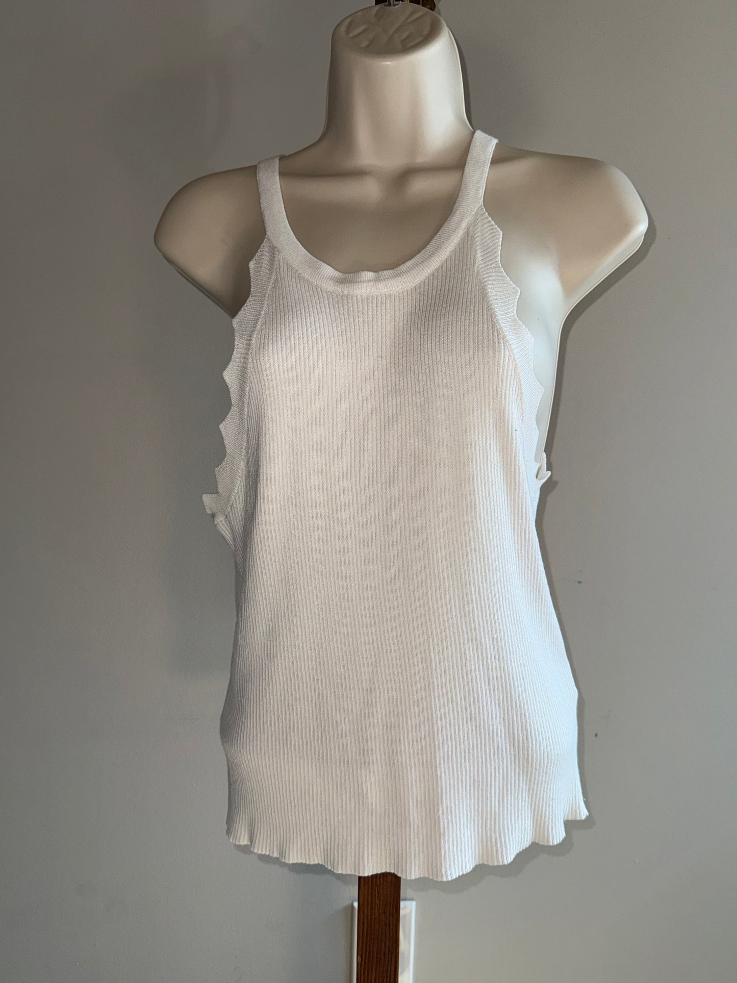 Mystree (Medium) Off White Ribbed Tank Top with Ruffle Trim