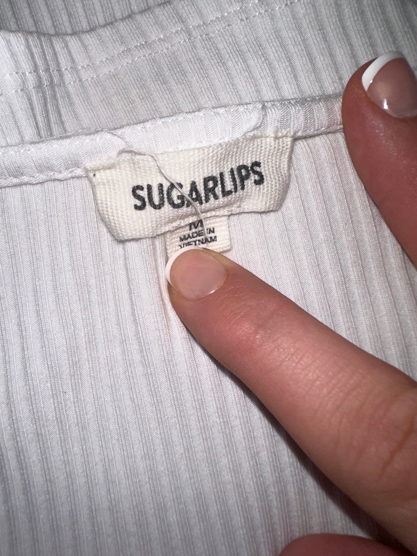 SugarLips (Medium) White Ribbed Adjustable Tied Shoulders Cropped Tank Top