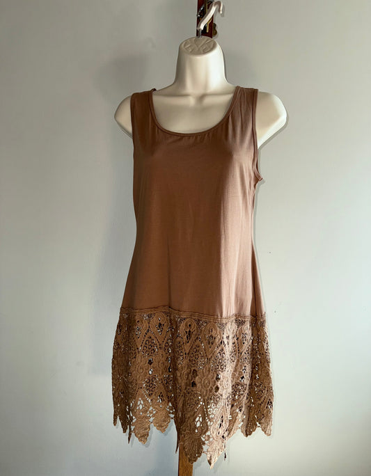 Pretty Angel (S/M) Long Brown Tank with Bottom Embroidered Hem