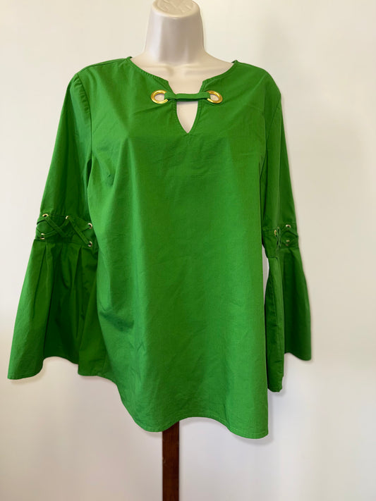 Michael Kors (Medium) Green V-Neck Blouse with Flare Sleeves