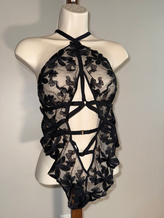 Victoria's Secret Black Sheer Lingerie Bodysuit with Floral Embroidery