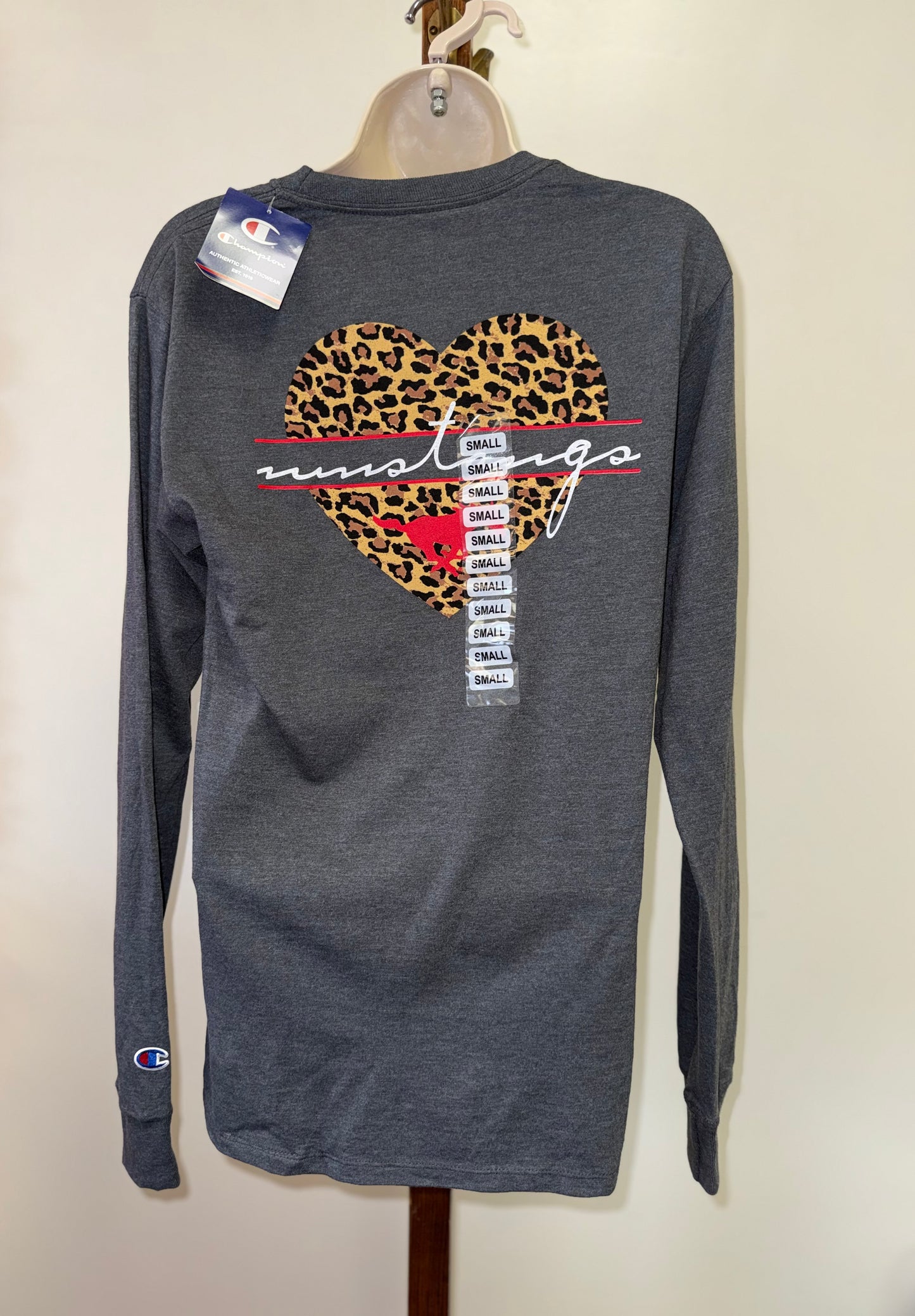 NWT Champion (Small) Brand New Grey Long Sleeve Cheetah Print Heart ‘Mustang’ Top