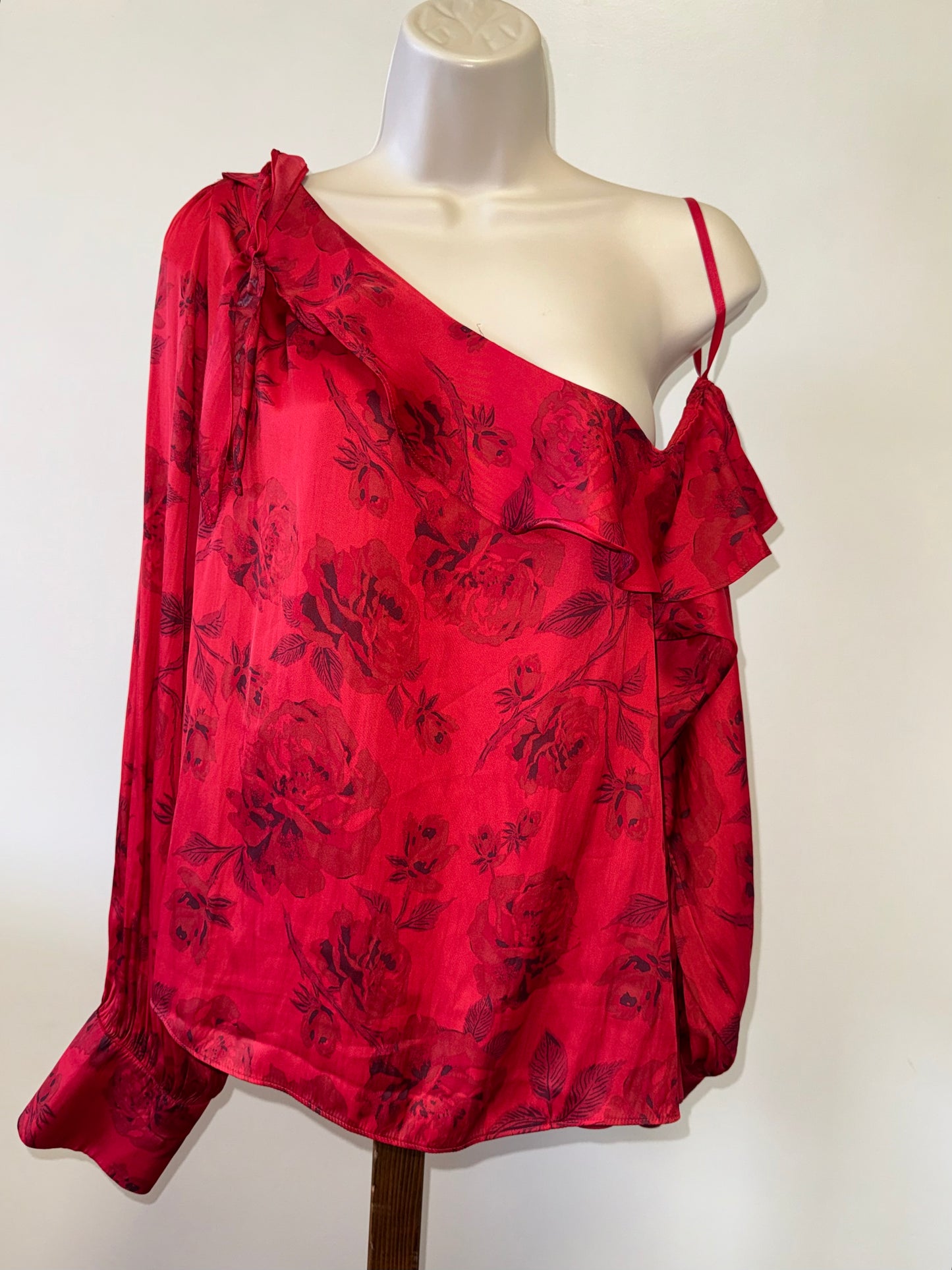 NWT Free People (M) Brand New Red Satin Off-Shoulder Blouse w/ Subtle Flowers