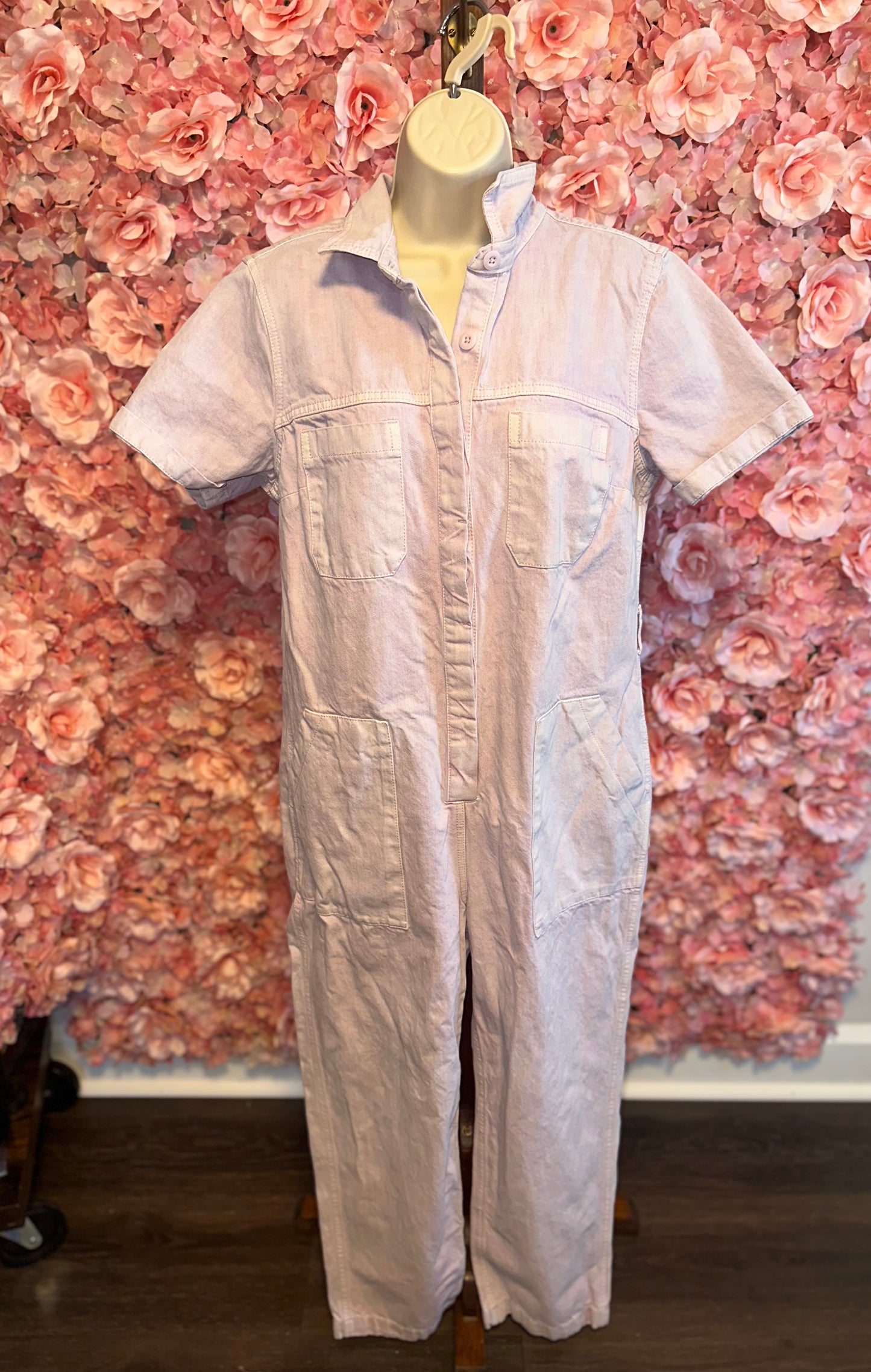 Old Navy (Medium Petite) Pink Button Up Denim Short Sleeve Jumpsuit