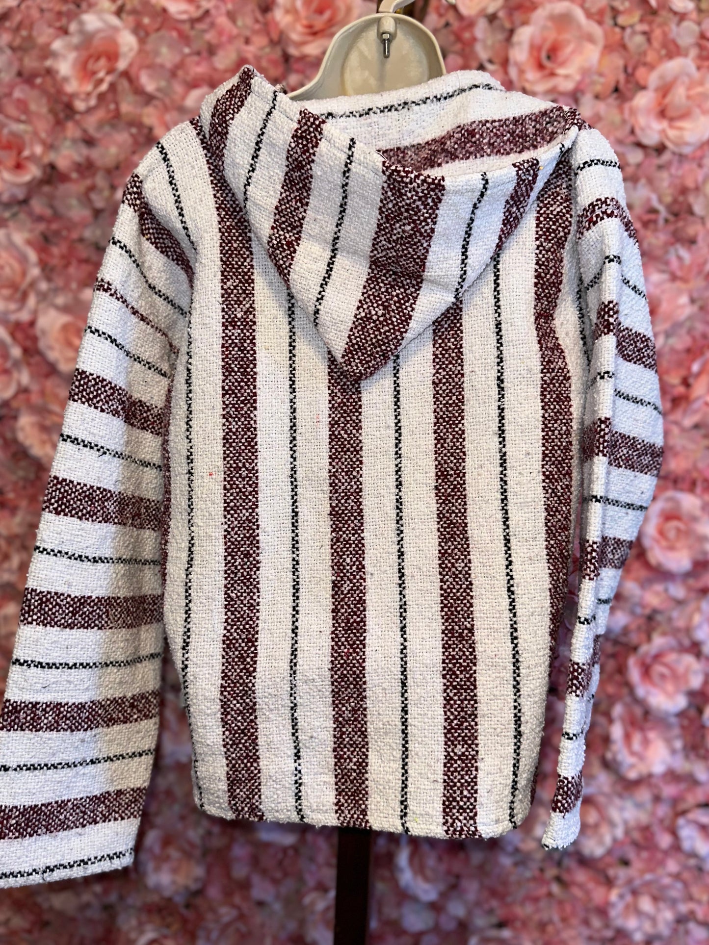 Cozumel (Medium) Red//White Striped V-Neck Knit Boho Baja Hoodie