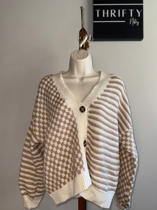 Maurices (Medium) Neutral Checkered/Striped Sweater Cardigan