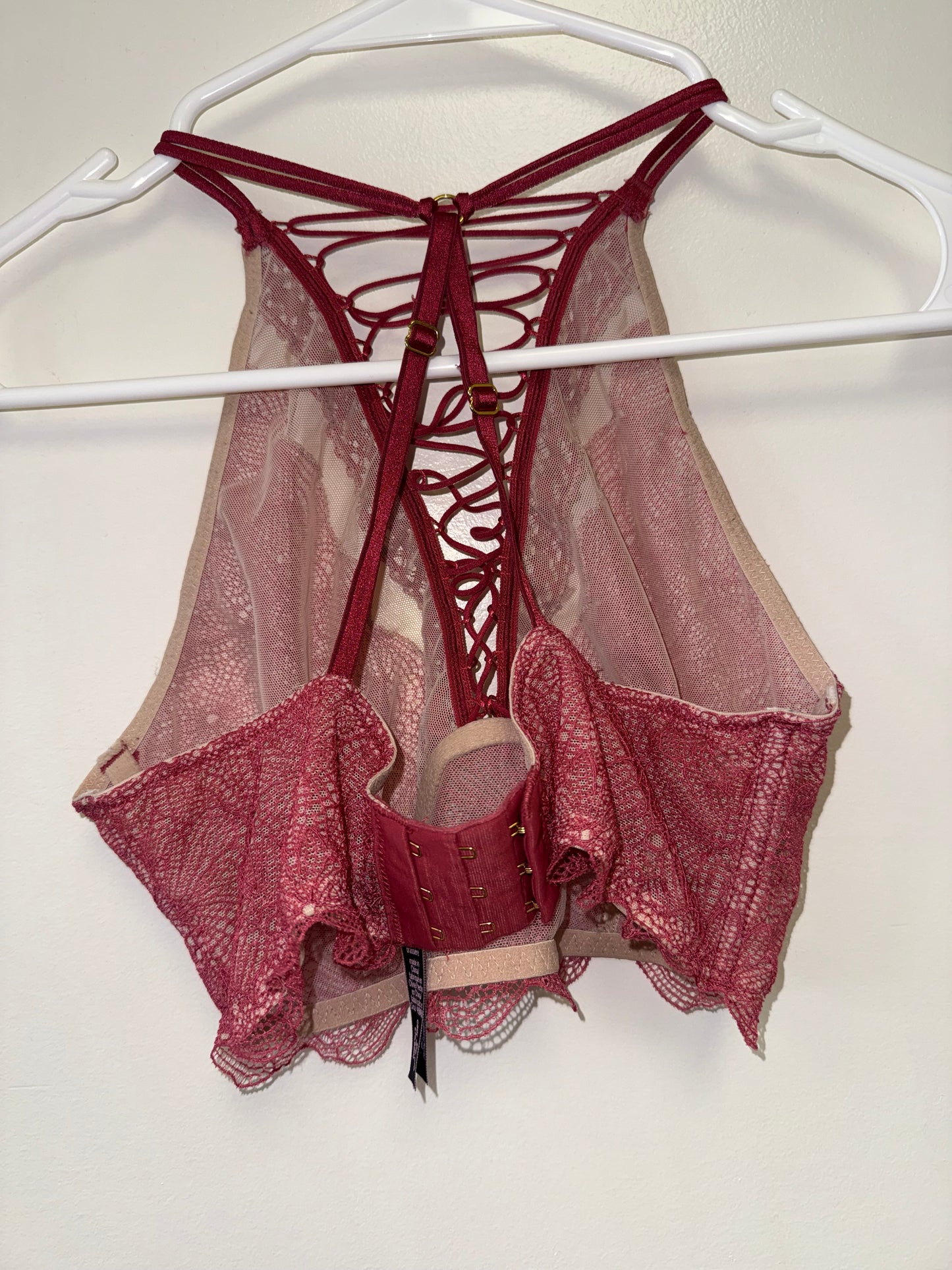 Victoria's Secret (Medium) Red/Nude Lace/Sheer Bralette with Criss Cross Front