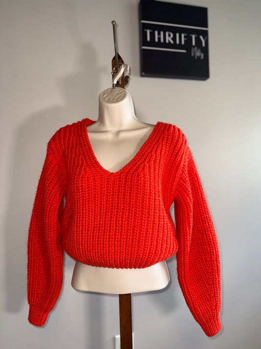 H&M (XS) Bright Orange Knit Cropped V-Neck Sweater