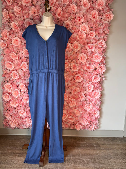 Brooklyn Industries (Small) Blue Button Up V-Neck Jumpsuit with Pockets