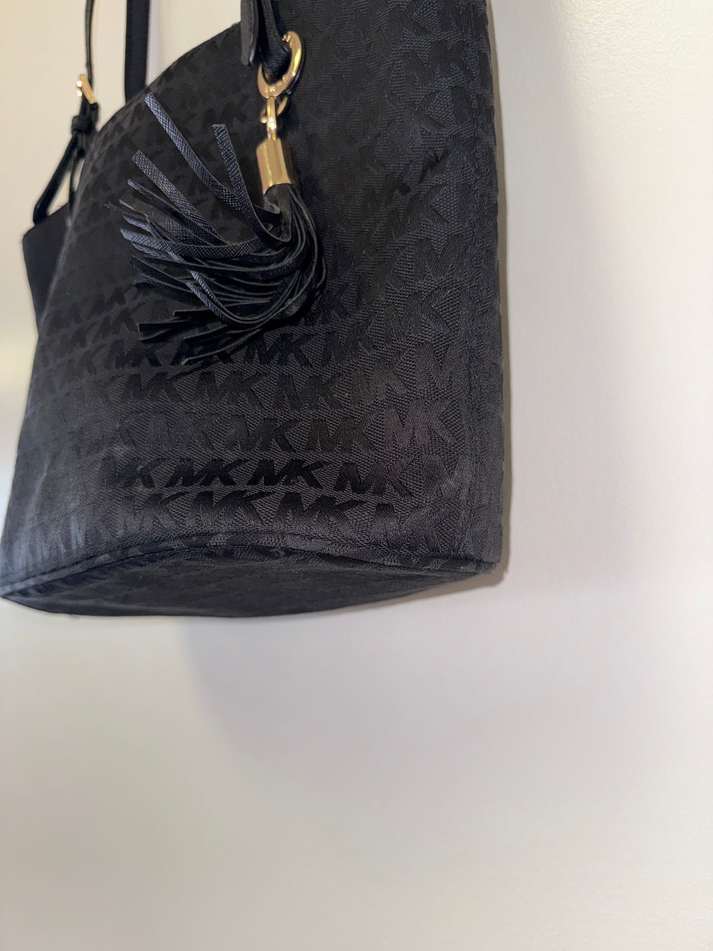 Michael Kors Black 'MK' Pattern Fabric Shoulder Bag Tote